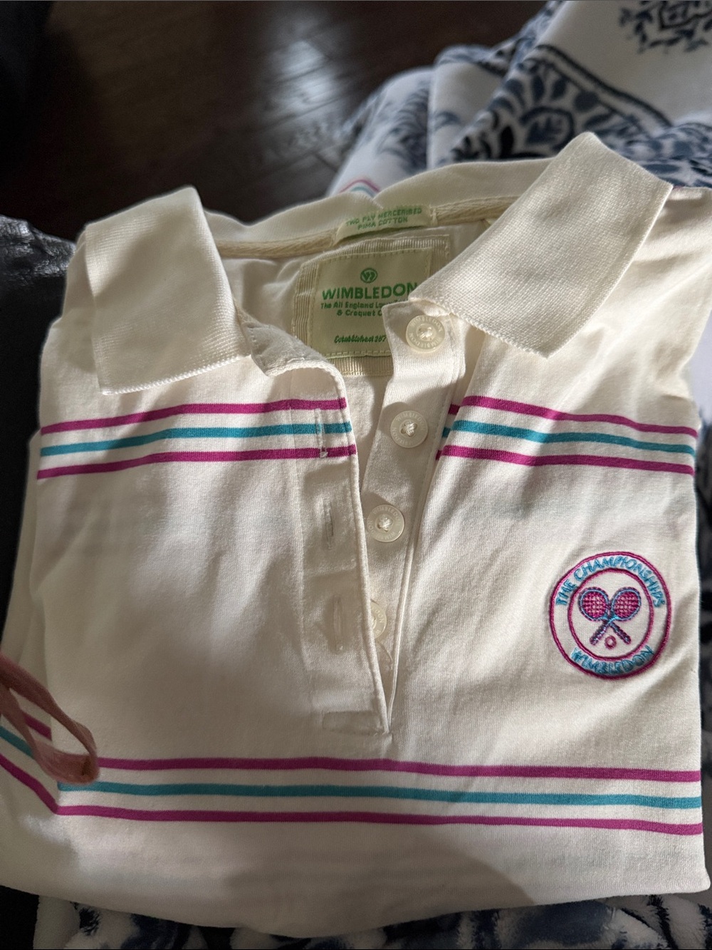 Wimbledon Cream Polo with Pink & Teal Stripe Detail